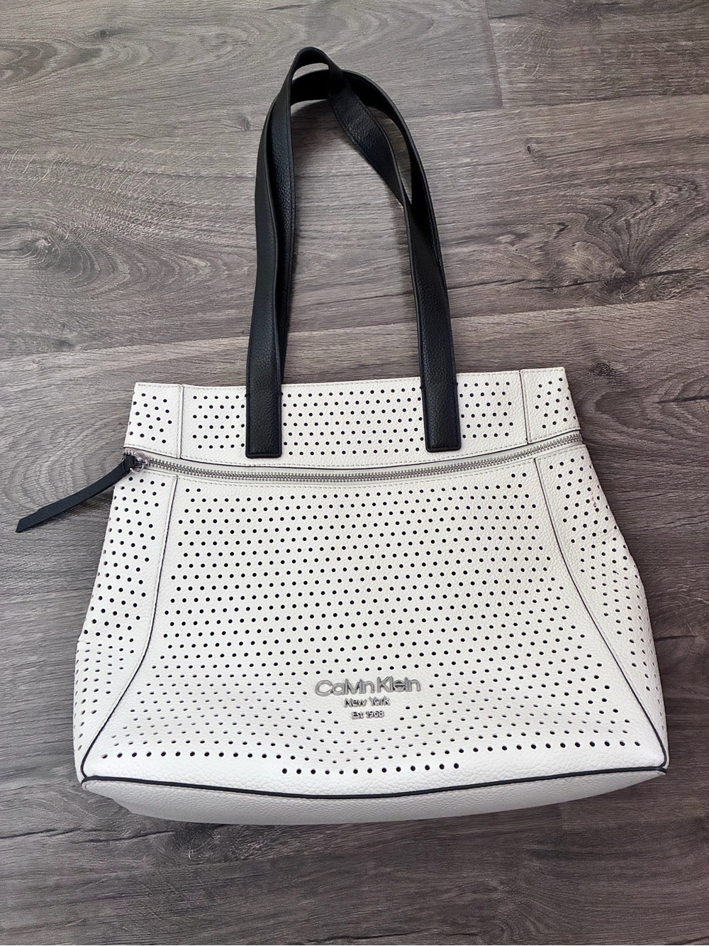 Calvin Klein White Perforated Tote with Black Handles
